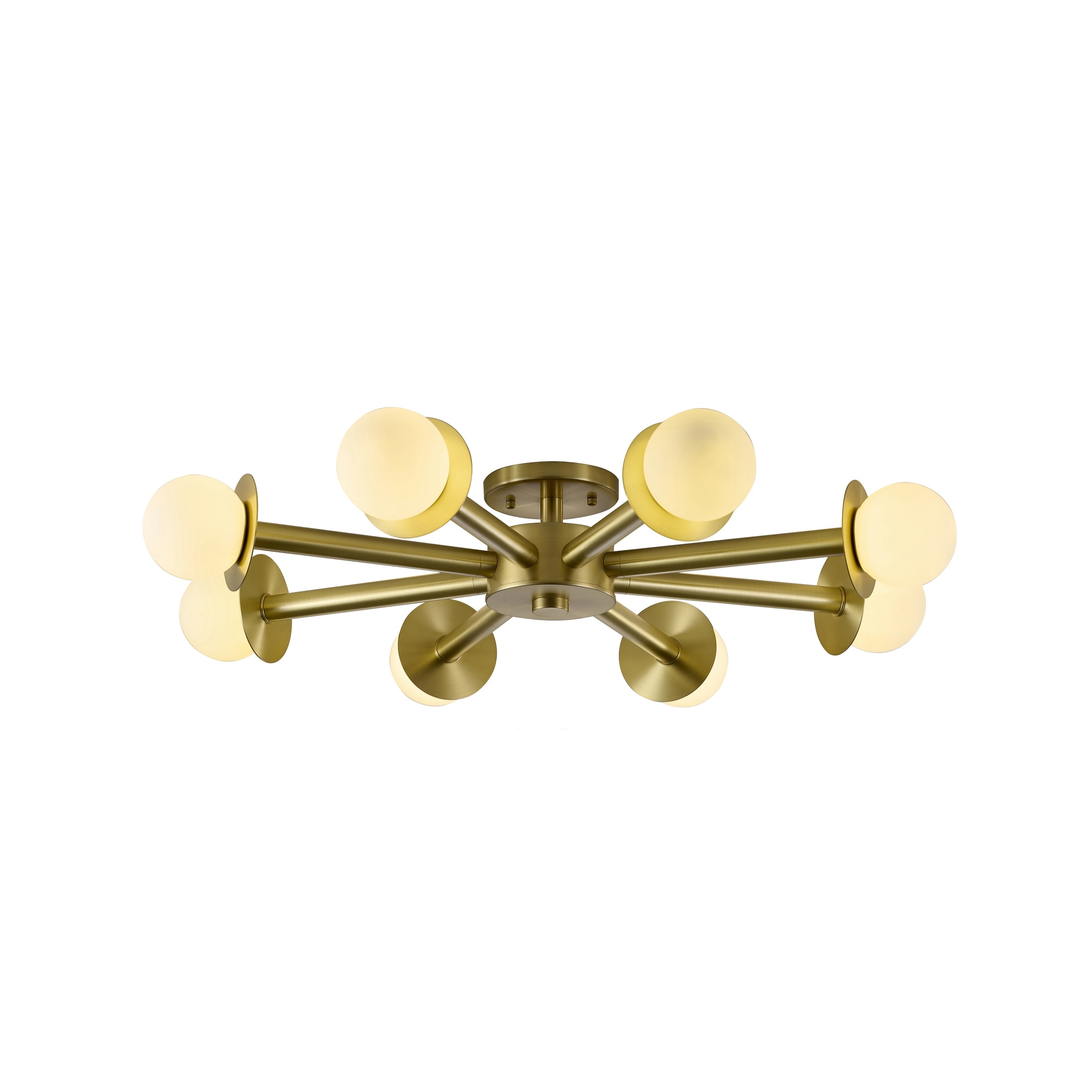 Transitional 8-Light Satin Brass Flush Mount With White Glass Globe Shades