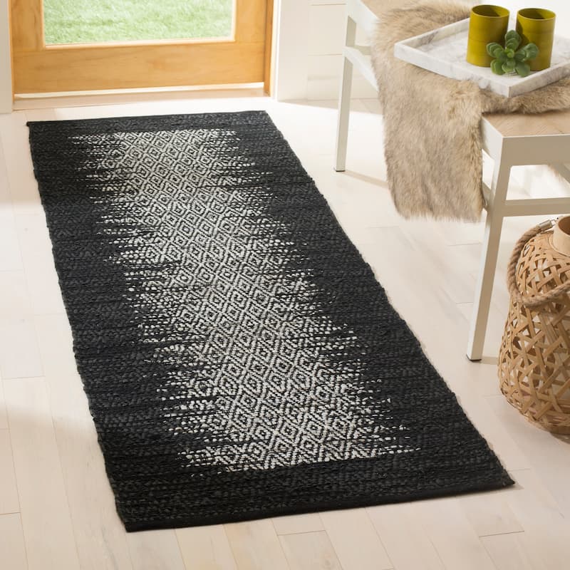 SAFAVIEH Handmade Vintage Boho Leather Mellissa Modern Stripe Leather - 2' 3" x 9' - Light Grey/Black - Runner