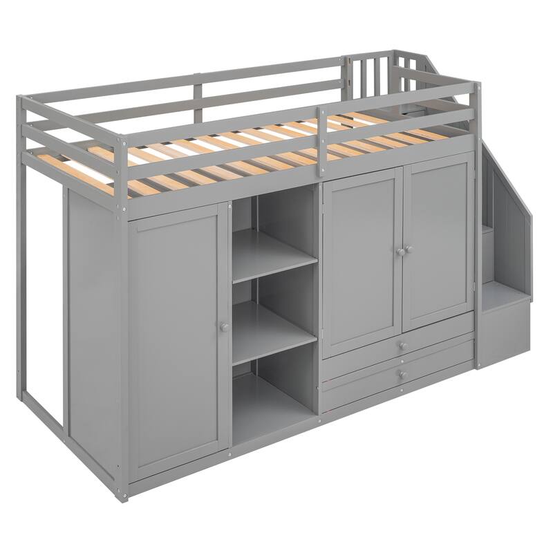 Twin Loft Bed with Wardrobes, Shelves, and Drawers, Space-Saving Design