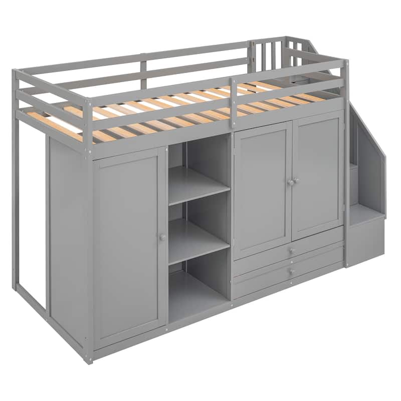 Twin Size Loft Bed with Built-in Shelves and Drawers