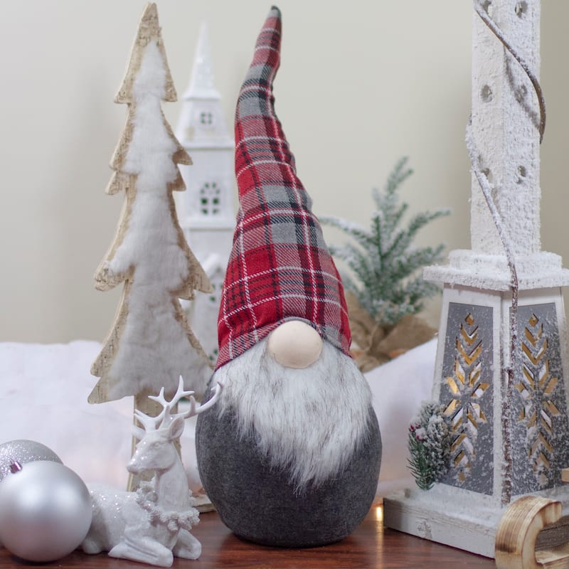 Plaid Bendable Hat Gnome Sitting Christmas Decoration - 25" - Red and Gray