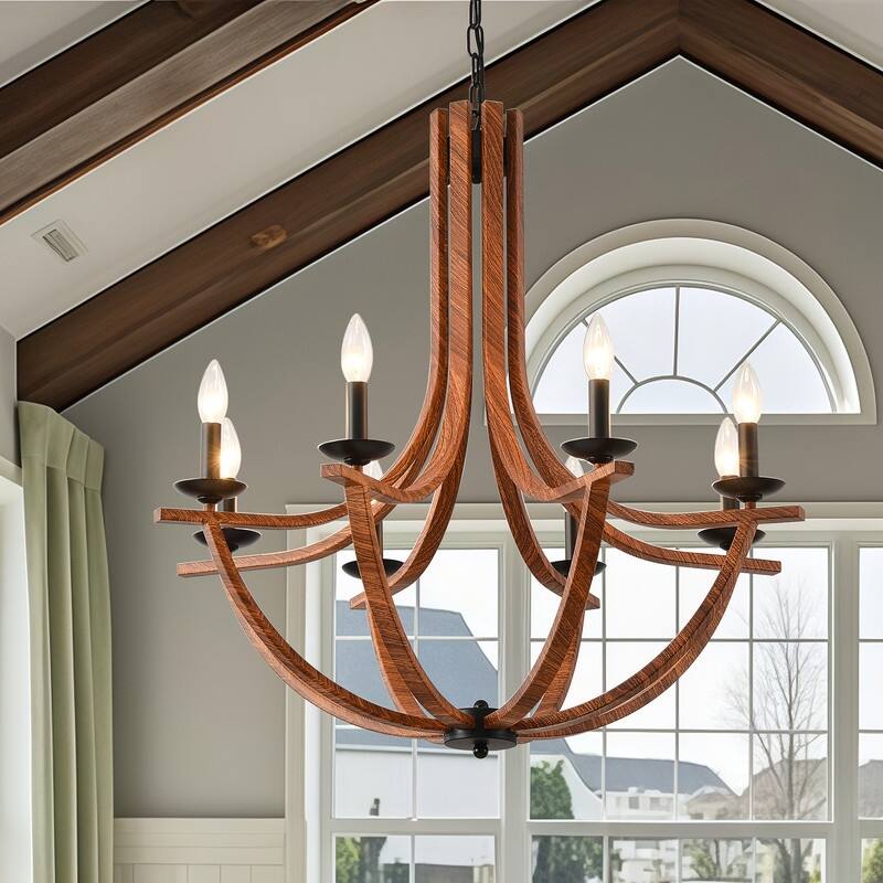 Vintage Farmhouse Chandelier Candle Style Wooden Chandelier Pendant Light Adjustable Height Rustic Hanging Light  - 29.92 in