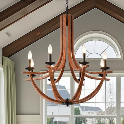 Vintage Farmhouse Chandelier Candle Style Wooden Chandelier Pendant Light Adjustable Height Rustic Hanging Light 