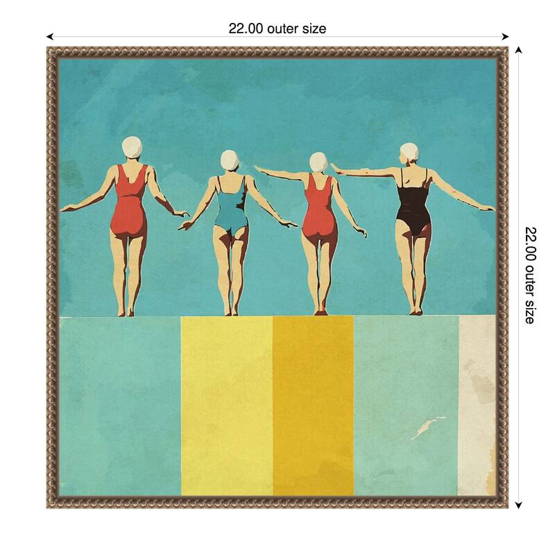 Four Figures on The Pool by Layla Oz Framed Canvas Wall Art Print - 22 x 22 in - Gold