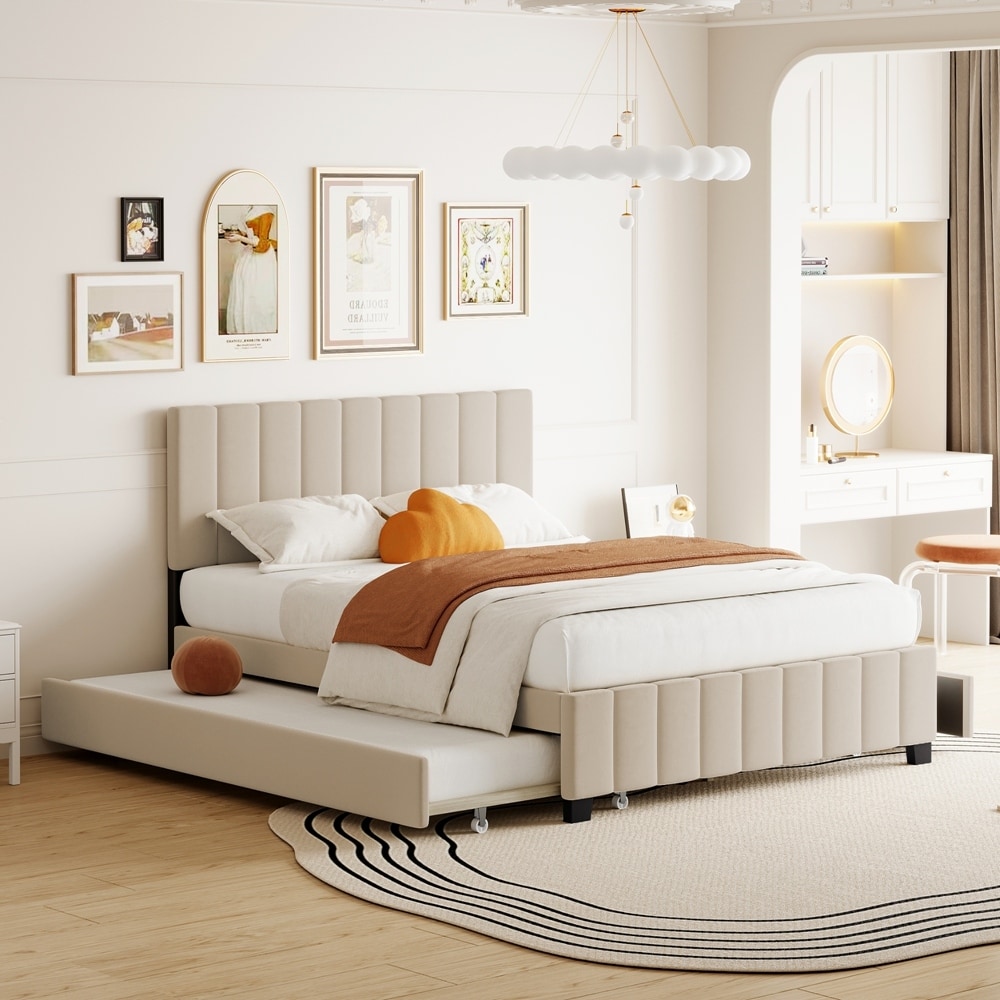 Velvet Upholstered Platform Bed with 2 Drawers and 1 Twin XL Trundle