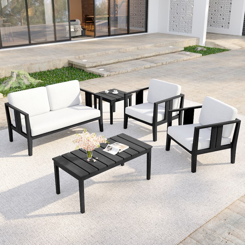 5-Piece Casual Outdoor Patio Furniture Set In Solid Teak Wood - Dark Wood - Beige