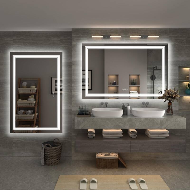 55x36 Inch Frameless LED Bathroom Mirror Smart Dimmable Anti Fog Tempered Glass White