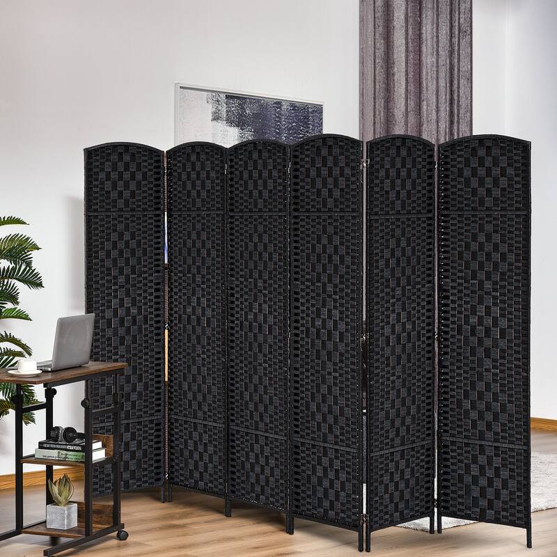 HomCom 6' Tall Wicker Weave Six Panel Room Divider Privacy Screen - Black Wood - Black