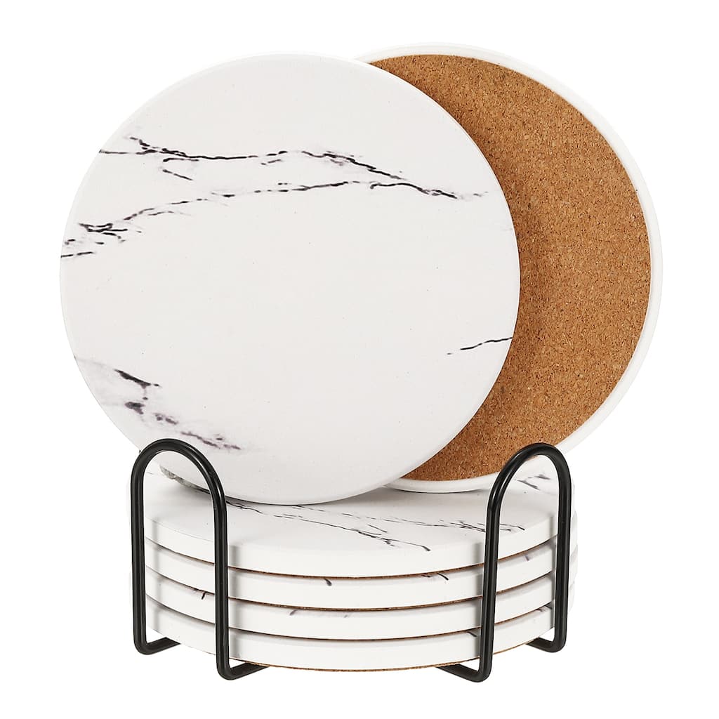 Ceramic Stone Coasters, 6pcs Cork Base Cup Coasters Set with Holder