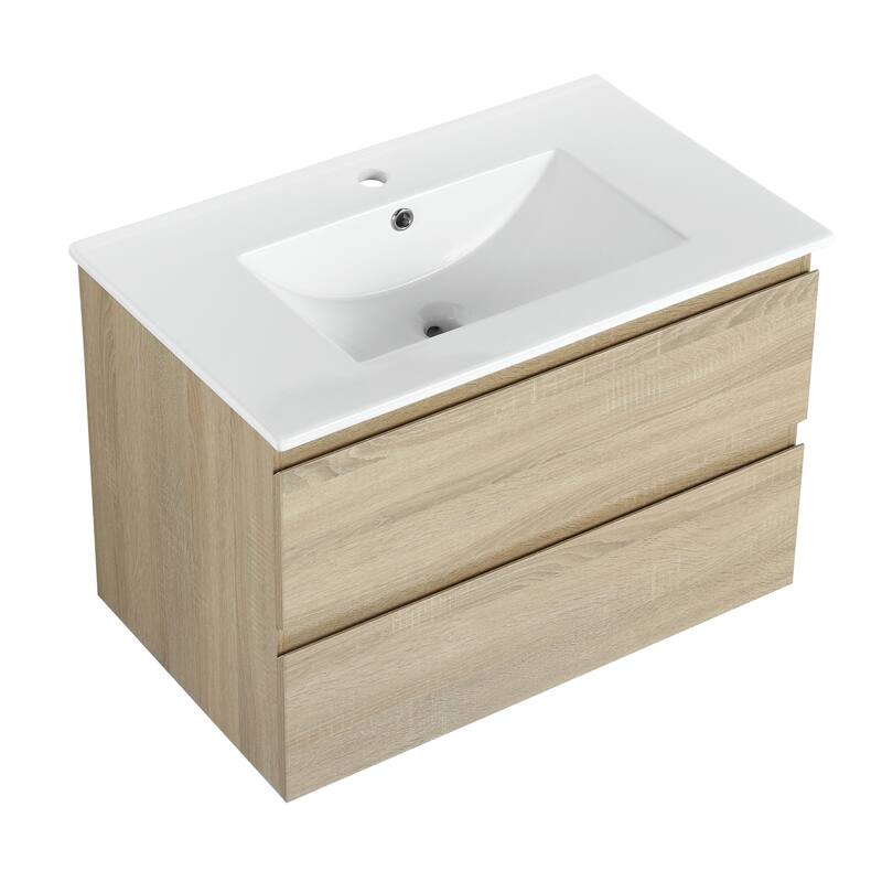 Wood Grain Design Bathroom Vanity with Ceramic Basin, Soft-Close Drawers, and Eco-Friendly Plywood Base - 30in L Plywood