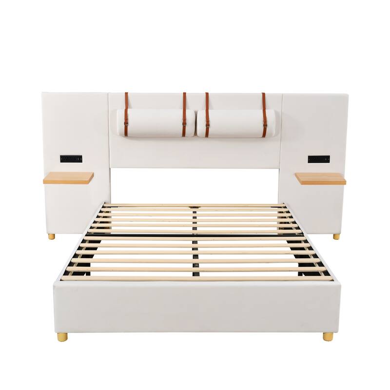 Full/ Queen Size Upholstered Platform Bed Frame with 2 USB Ports, Head Pillows and Side Storage Shelves