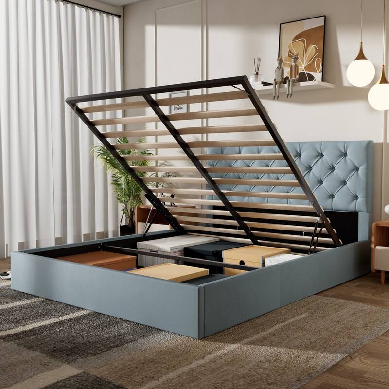 Plywood Frame Upholstered Platform Bed with Lift-up Storage Supported by Metal and Wooden Slats