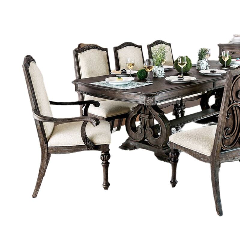 Arca 9pc Dining Table Set with 8 Ivory Fabric Chair, Rustic Solid Wood