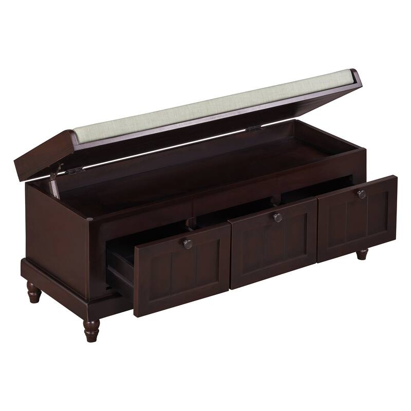 Classic Wood Shoe Bench with Cushion and 3 Drawers, Upholstered Storage Bench with Handle for Living Room, Entryway