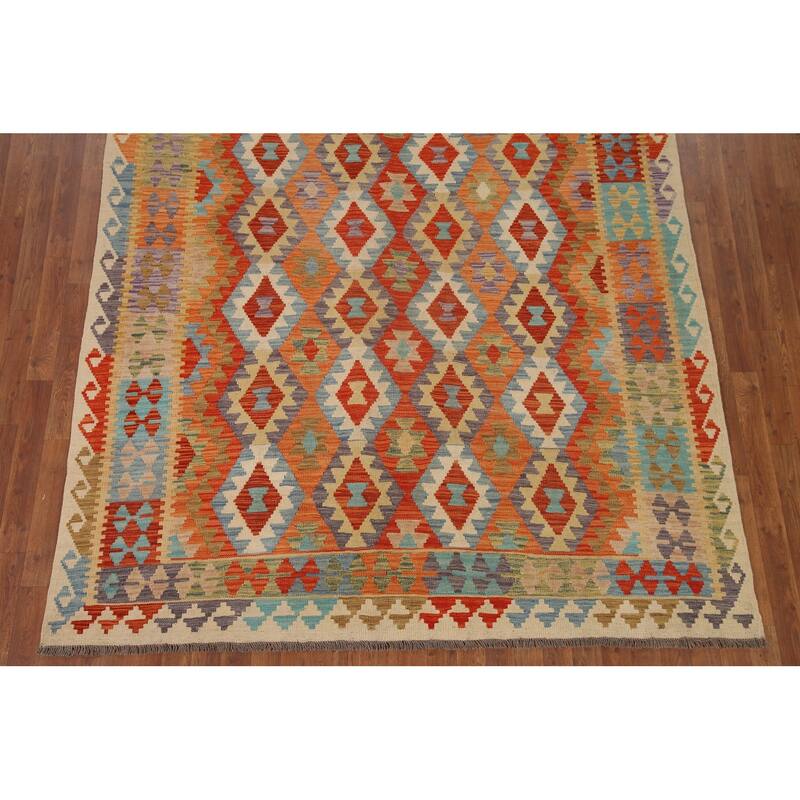 Hand Woven Oriental 100% Wool Carpet Southwestern All-Over Oranges & Rust Kilim Area Rug - 9' 5'' X 6' 7''