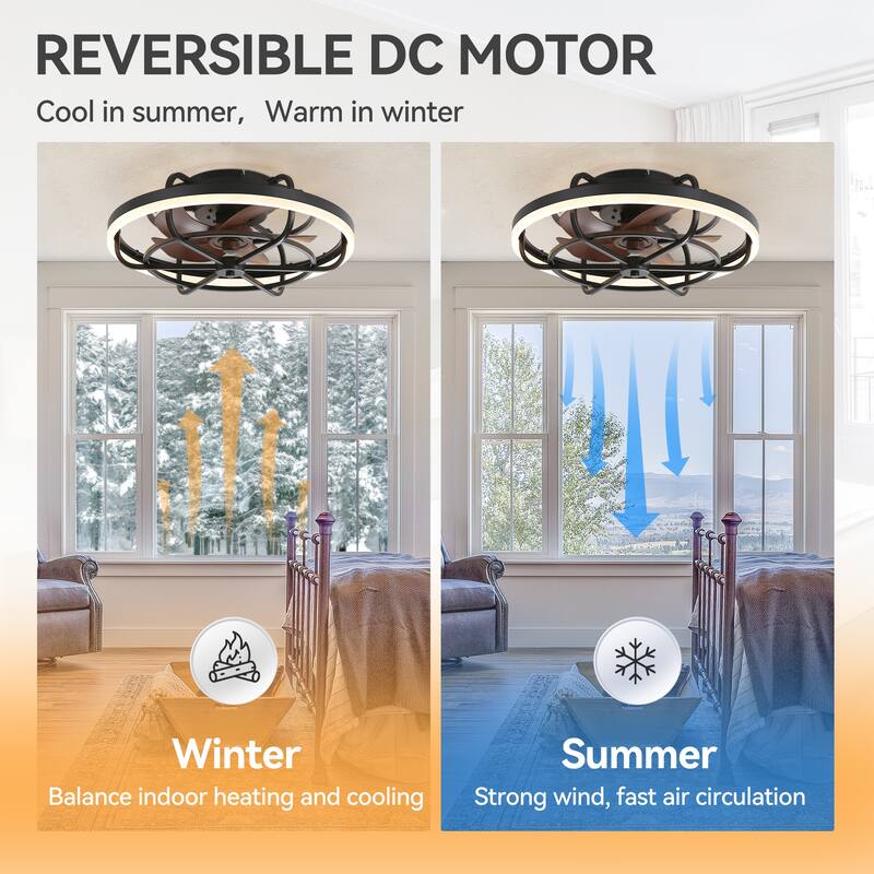 19.7" Flush Mount Caged Dimmable LED Ceiling Fan with Light and Remote