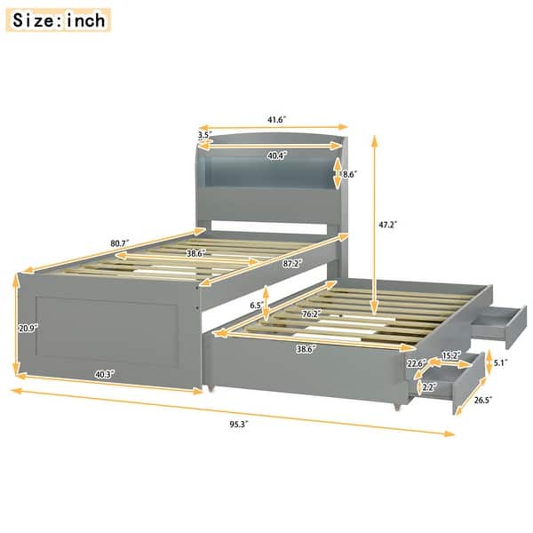 dimension image slide 0 of 2, Twin XL Size Platform Bed with Storage LED Headboard, Charging Station, Twin Size Trundle and 2 Drawers