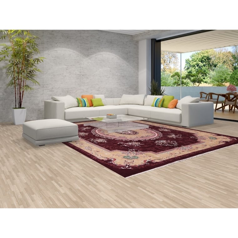 Victorian Style Burgundy Tabriz Area Rug Machine Made Carpet - 9'9" x 12'9"