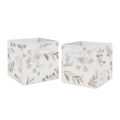 Floral Leaf Foldable Fabric Storage Bins - Ivory Cream Beige Taupe Gender Neutral Boho Watercolor Botanical Flower Woodland