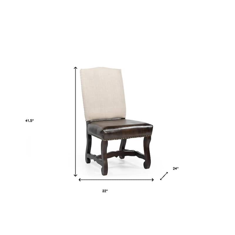 HomeRoots Set of Two Cream and Dark Brown Wood Leather And Linen Dining Side Chairs - 22 in. x 41.5 in. x 24 in.