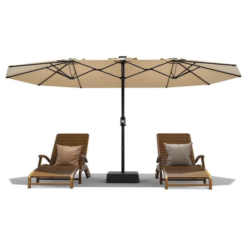 15ft Large Patio Umbrella with Base, Outdoor Double-Sided Market Umbrella with Crank Handle - Beige
