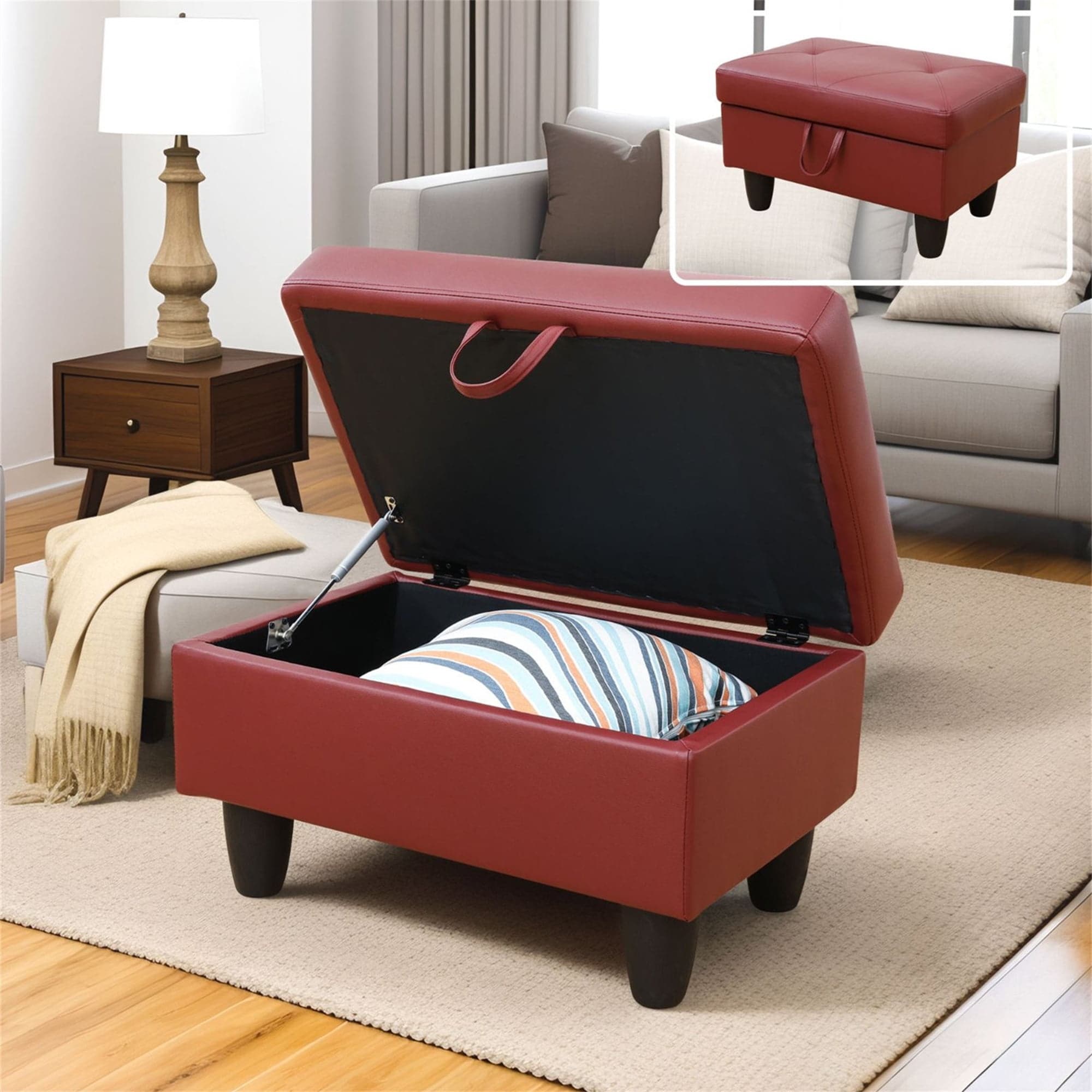 29-inch Red Leather Storage Ottoman Bench with Lift Top, Tufted Upholstery for Living Room
