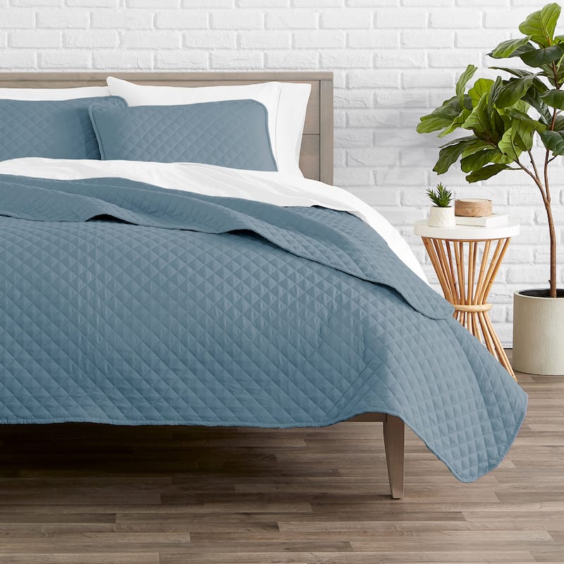 Bare Home Lightweight Coverlet Bedspread & Microfiber Sheet Set Bundle - Coverlet Set: Coronet Blue, Sheet Set: Light Grey - Twin