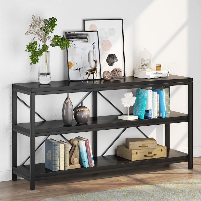 3 Tiers Console Table TV Stand with Storage Shelves,Sofa Table - Black