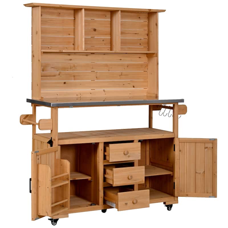 65" Outdoor Potting Bench with Stainless Steel Top, Rolling Garden Workstation with Hutch & Storage