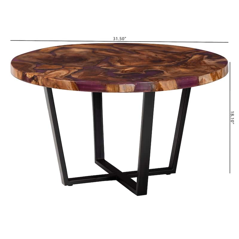 Apio Round Wood Epoxy Resin Coffee Table - Handcrafted Live Edge Teak Wood Accent Table with Black Metal Base, Modern Rustic