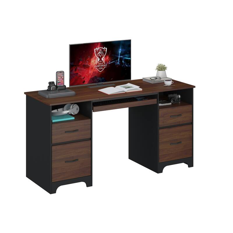 59'' Executive Desk with 2 File and Storage Drawers, Computer Desk with Keyboard Tray and 2 Open Compartments