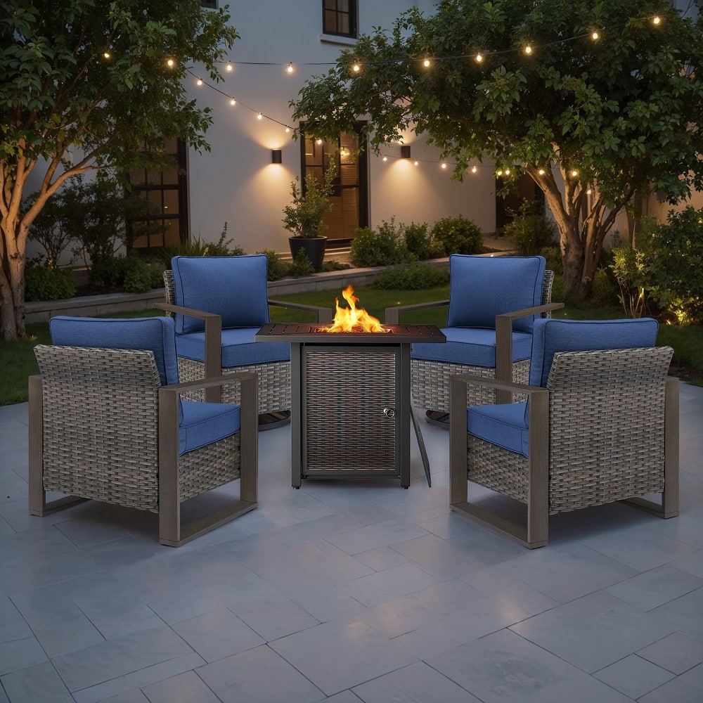 Meyreso 5-Piece Wicker Patio Conversation Set with Metal Fire Pit & Plush 4.5" Olefin Cushions