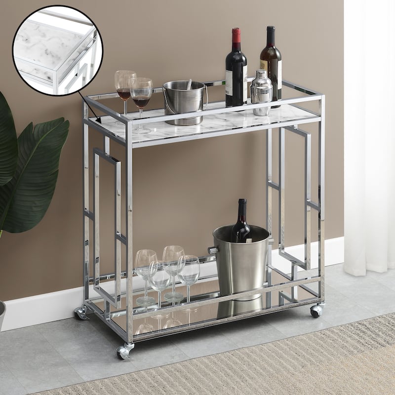Convenience Concepts Town Square Chrome Faux Marble Mirrored Bar Cart with Shelf - White Marble/Mirror/Chrome