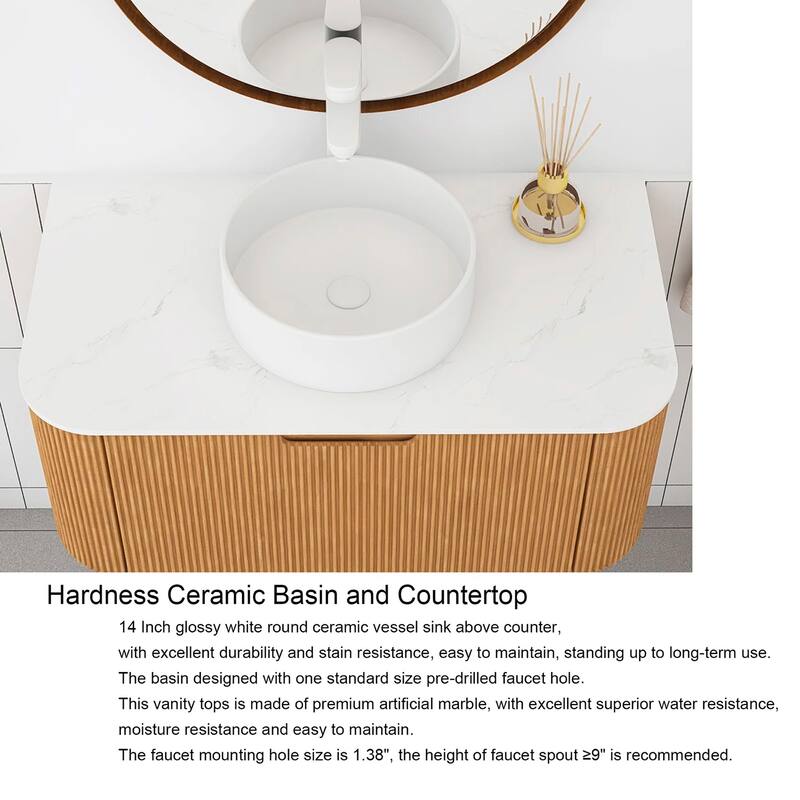 Plywood Wall-Mounted Bathroom Vanity Set with Integrated Ceramic Sink in Natural Wood