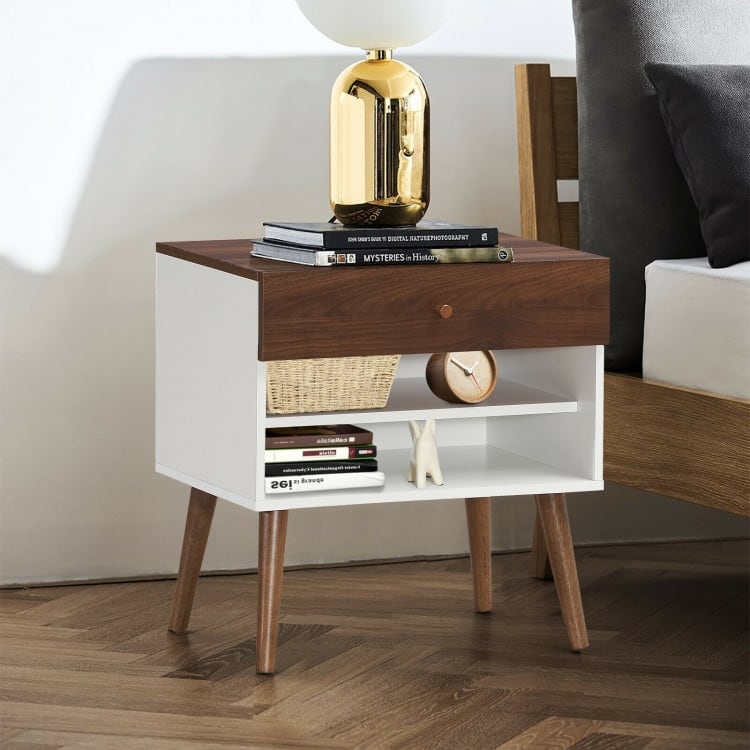 Nightstand End Side Table Drawer Storage Shelf Mid-Century Rubber Wood Leg