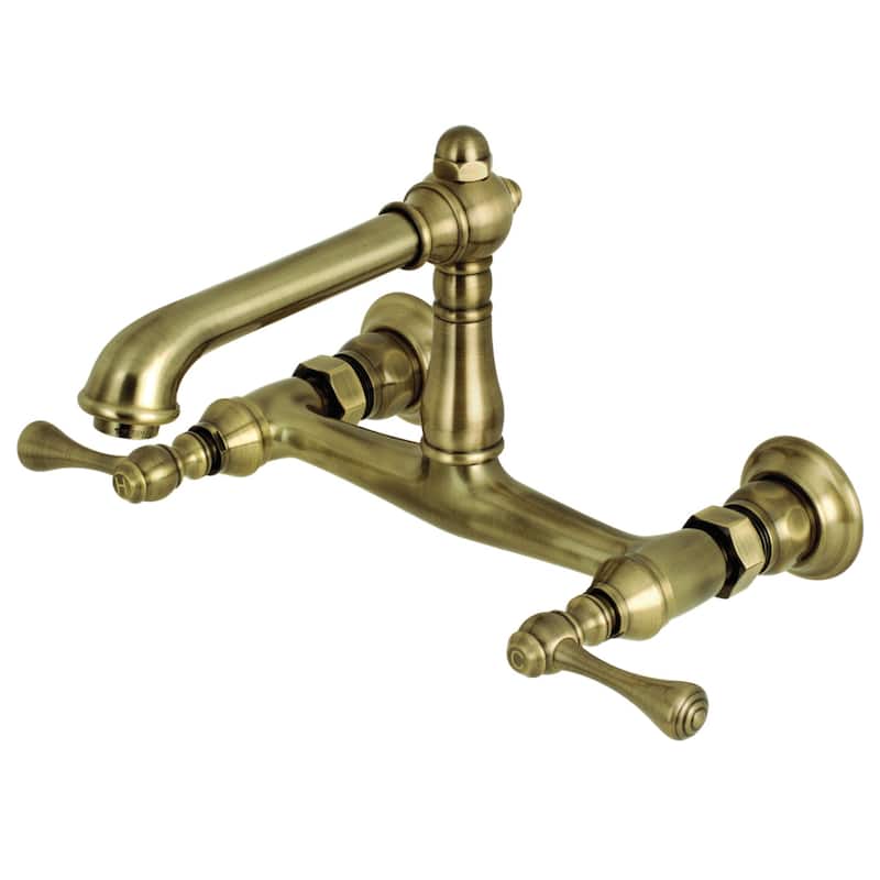English Country Two-Handle 2-Hole Wall Mount Bathroom Faucet - Antique Brass