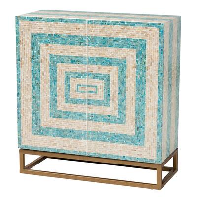 Utari Modern Bohemian Two-Tone Beige and Blue Mother of Pearl and Gold Metal Storage Cabinet