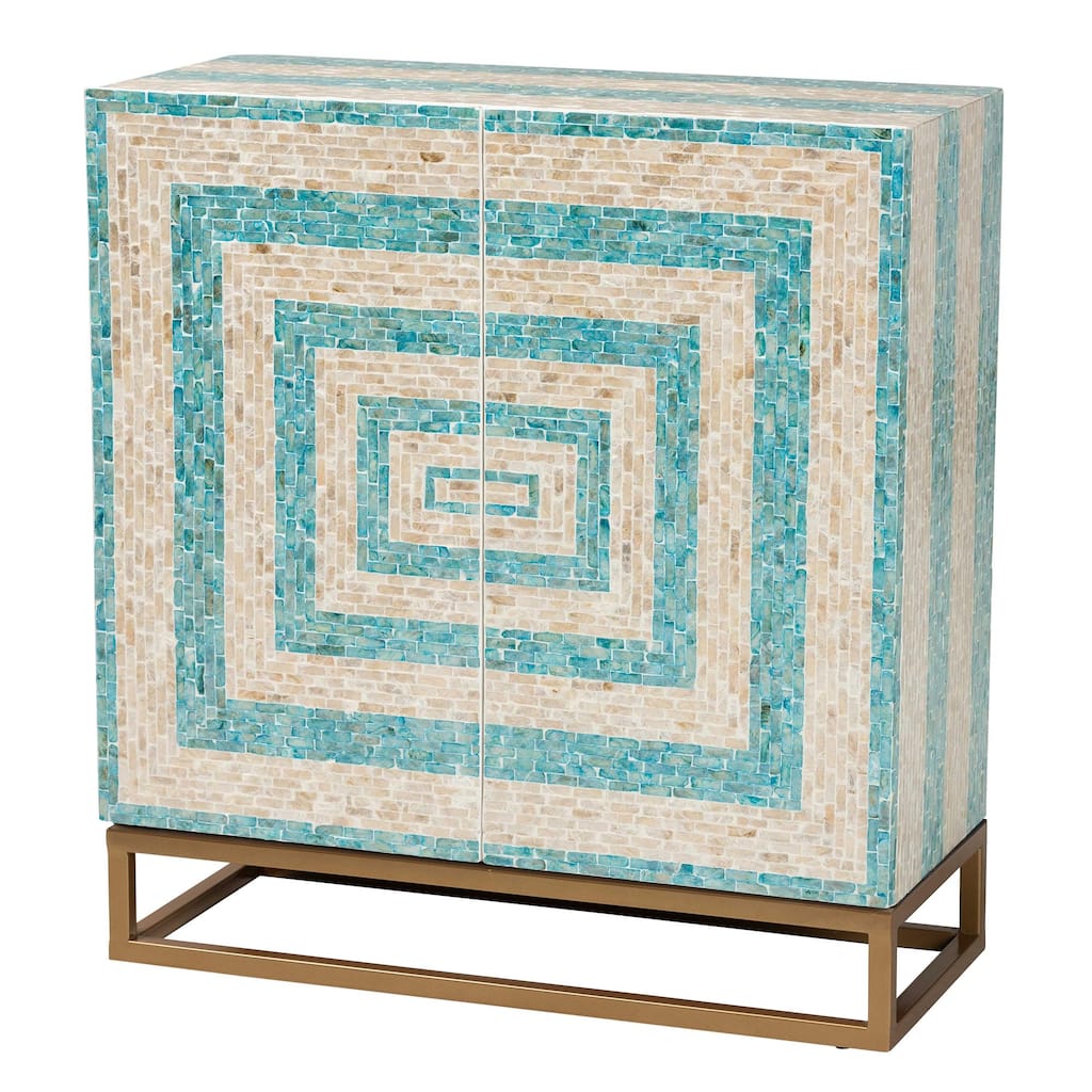 Utari Modern Bohemian Two-Tone Beige and Blue Mother of Pearl and Gold Metal Storage Cabinet