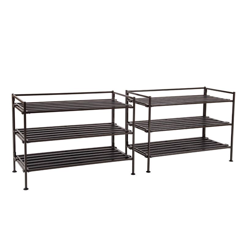 9-Pair 3-Tier Espresso Resin Slat Iron Frame Stackable 2-Pack Shoe Rack
