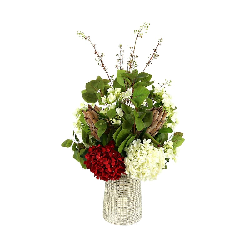 Assorted Hydrangea and Protea Floral Arrangement in Etched Clay Vase ...