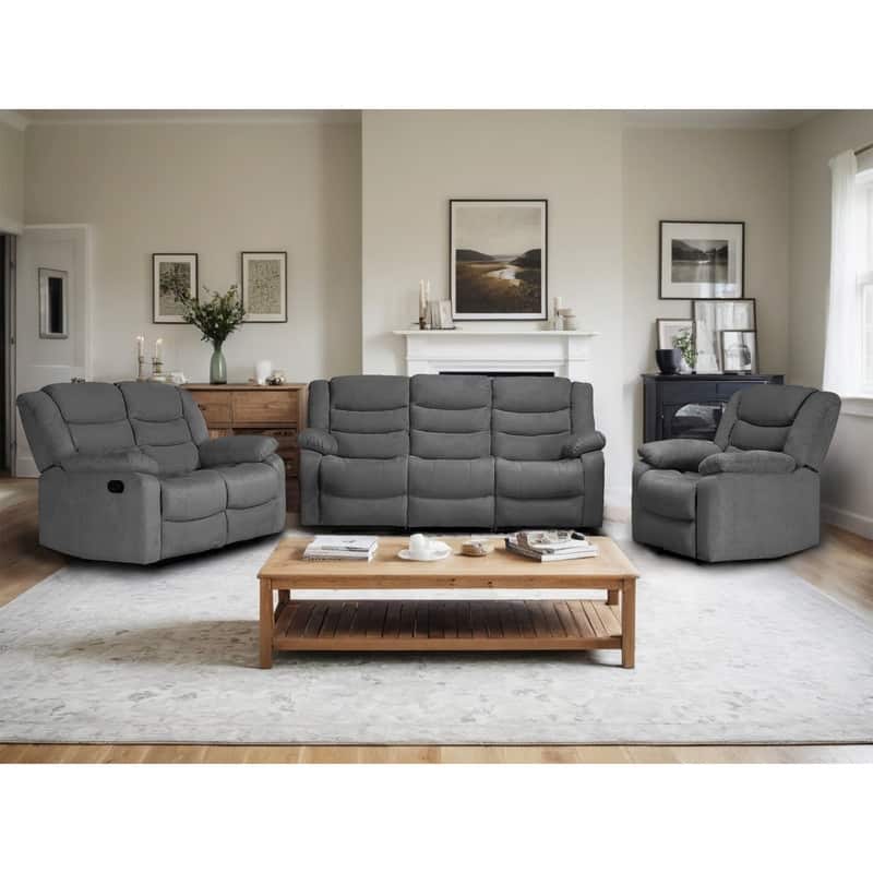 Modern 3-Piece Manual Reclining Living Room Sofa Set with Dropdown Table and Console - Recliner+Loveseat+Sofa+Grey - Taupe