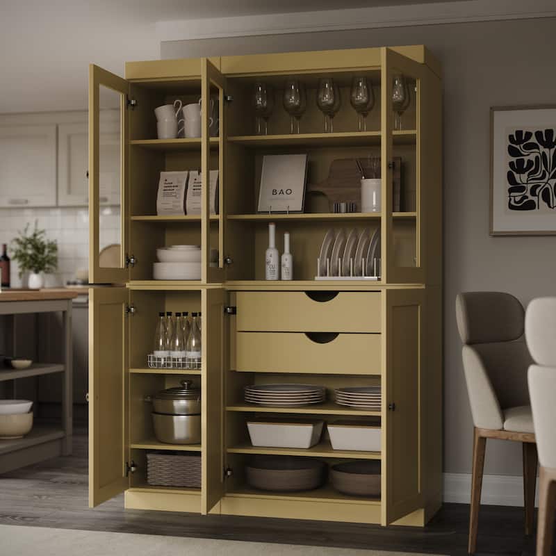 Palace Imports 100% Solid Wood 48.5" Pantry Cabinet with Clear Glass, Shaker Doors, 2-Drawers and Adjustable Shelves
