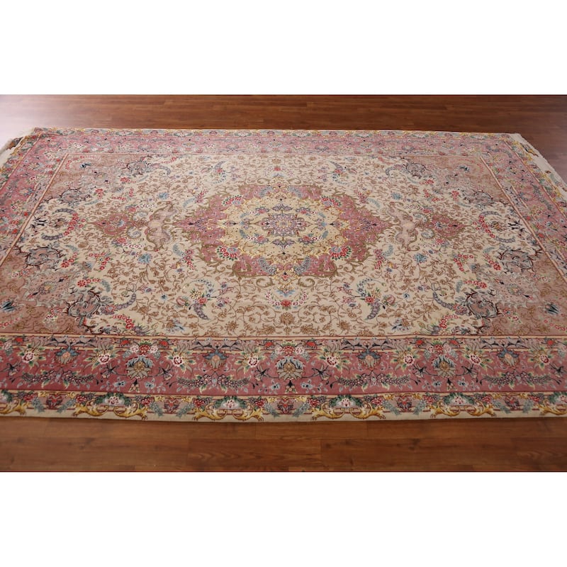 Hand Knotted Oriental Wool & Silk Carpet Traditional Floral Beige & Ivories Tabriz Area Rug - 10' 4'' X 6' 6''