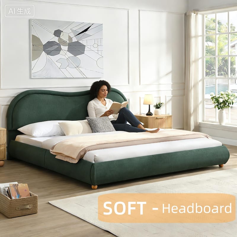 King Size Upholstered Platform Bed Frame with Headboard & Wood Legs