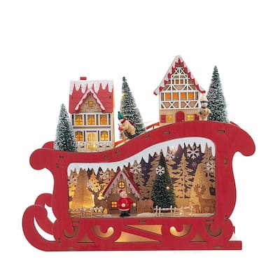 Kurt Adler 13.77-Inch Battery Operated LED Lighted Sleigh With Village Scene Table Piece