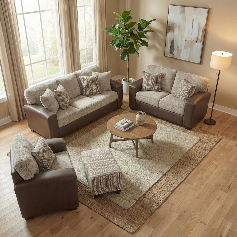 Roundhill Furniture Marvella 4-Piece Living Room Set, Chocolate Faux Leather Upholstery and Curly Shearling Cushions
