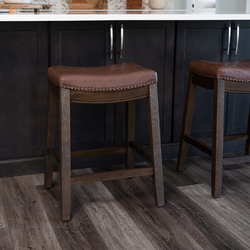 Maven Lane Sophia Saddle Kitchen Dining Stool - Aged Brown w/Vegan Leather - Counter Height