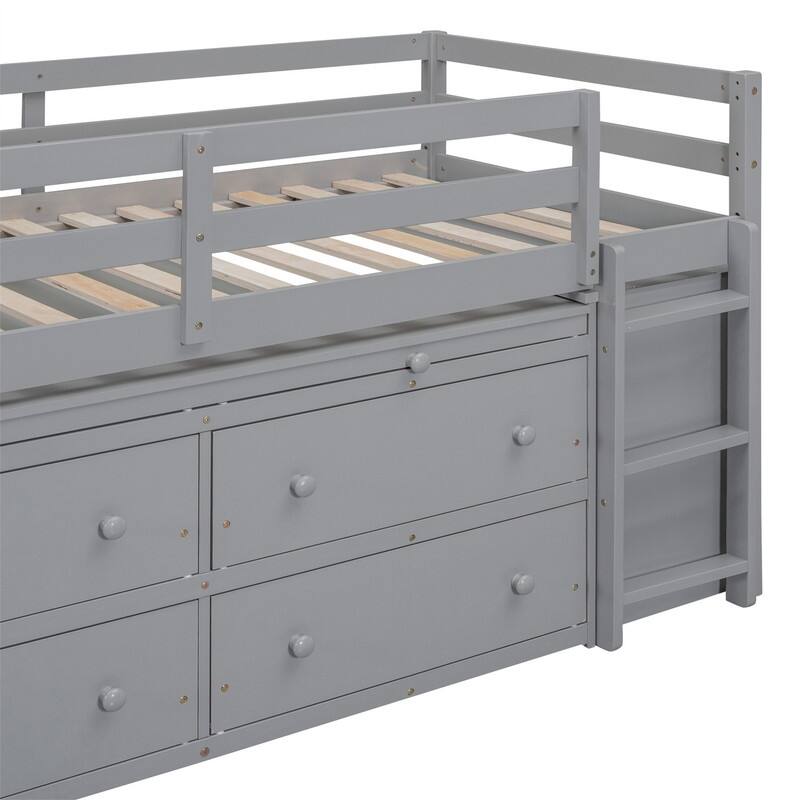 Twin/Full Size Low Loft Bed with Retractable Writing Desk and 4 Drawers, Wooden Loft Bedframe w/ Lateral Portable Desk & Shelves