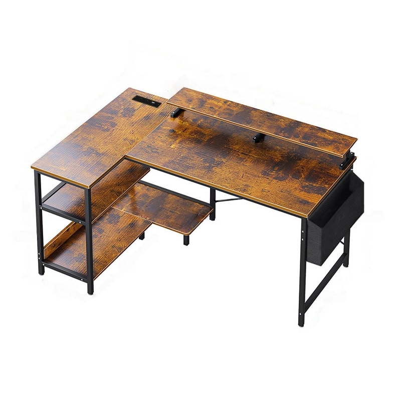 GDF Studio - Beaumont Modern Industrial Reversible L-Shape Computer Desk with Power Outlets