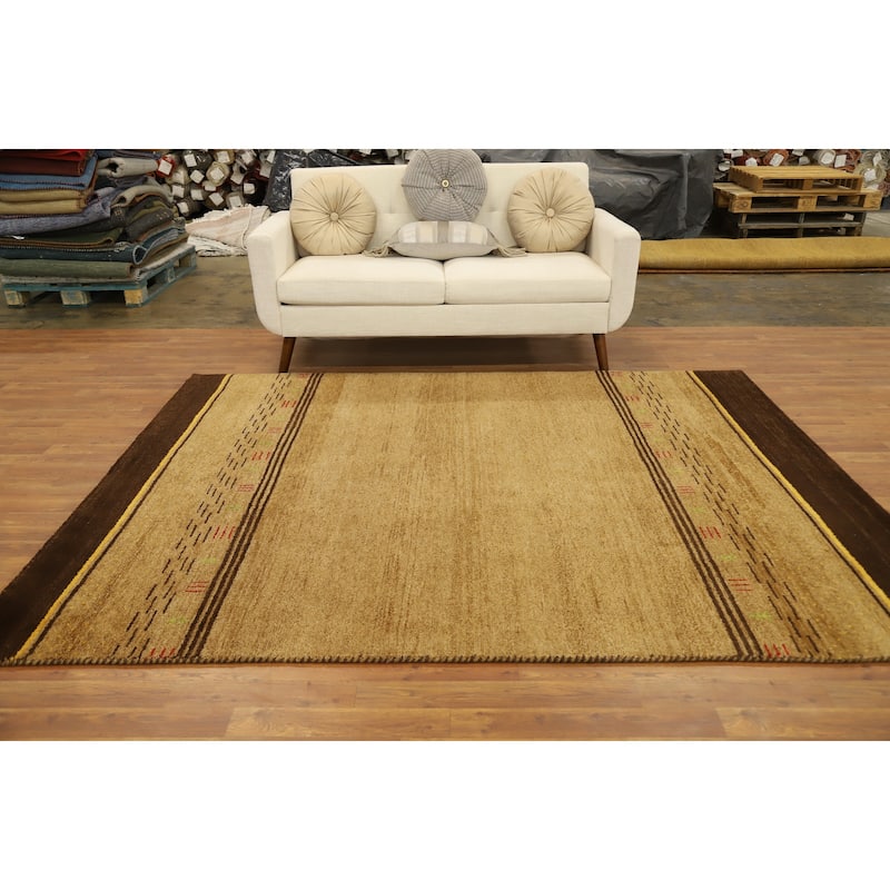 Hand Knotted Oriental 100% Wool Carpet Modern Geometric Yellow & Gold Gabbeh Area Rug - 8' 0'' X 6' 4''